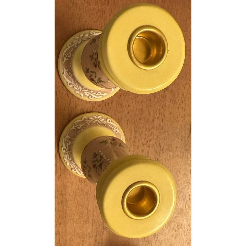 Pair of Ceramic Candlestick Holders 6‎ 5/8 Pink Yellow Floral Design Handpainted